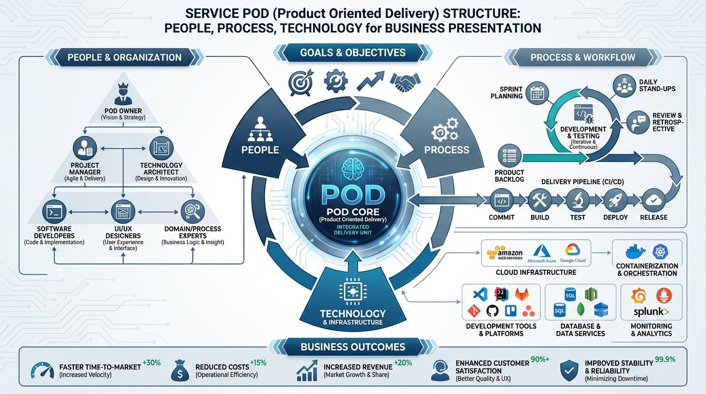 Service POD structure showing people, process, technology, goals, workflow, infrastructure, tools, data services, monitoring and business outcomes